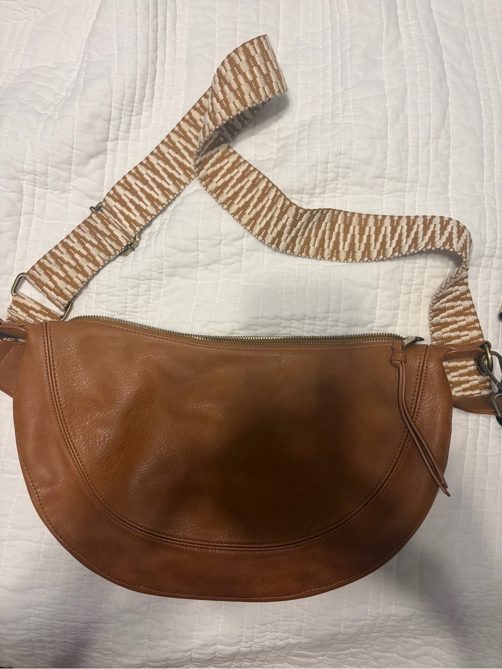 Anthropologie Tan Leather Crescent Crossbody with Patterned Strap